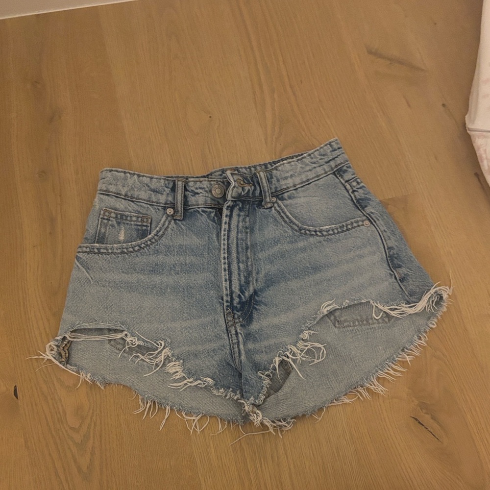 Zara Light Blue Frayed Jean Shorts